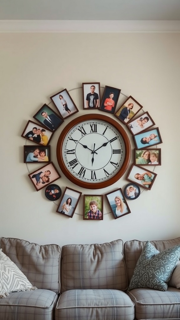 A wall clock surrounded by a collage of family photos, creating a personalized decor piece.