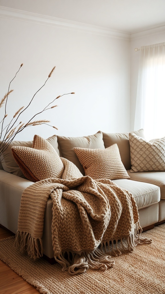 Cozy farmhouse family room with a sofa, knitted pillows, and a chunky blanket.