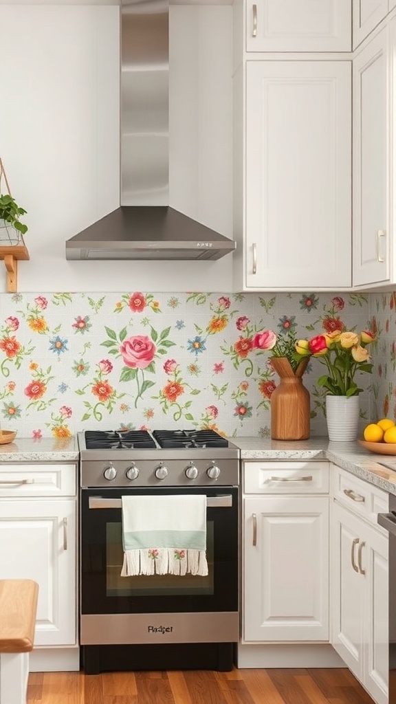 A kitchen with a floral ceramic tile backsplash, white cabinets, and modern appliances.