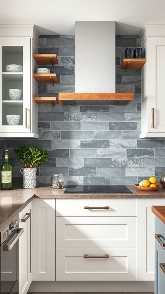 Modern kitchen with contemporary slate finish backsplash and white cabinets