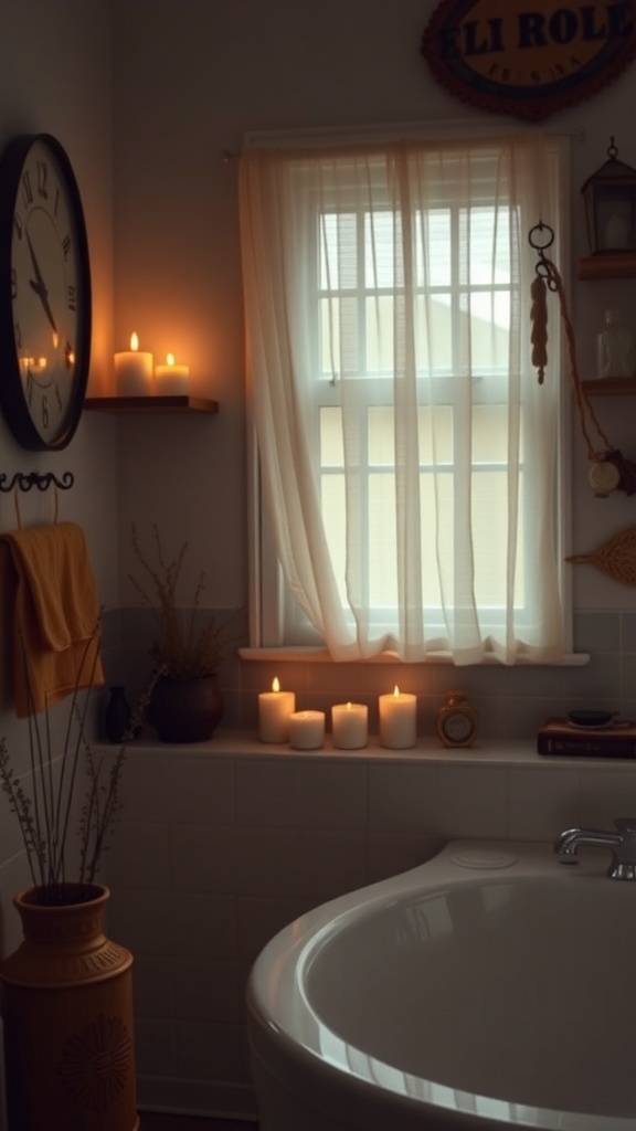 A cozy bathroom with scented candles on a shelf, soft lighting, and a warm atmosphere.