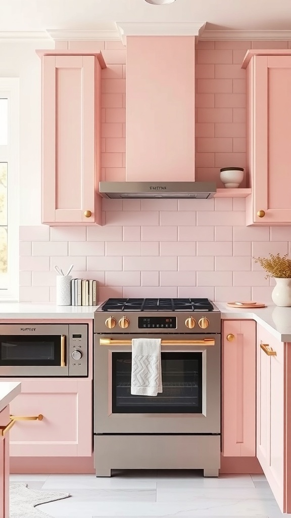 Cozy kitchen with pastel pink backsplash and cabinets, featuring modern appliances
