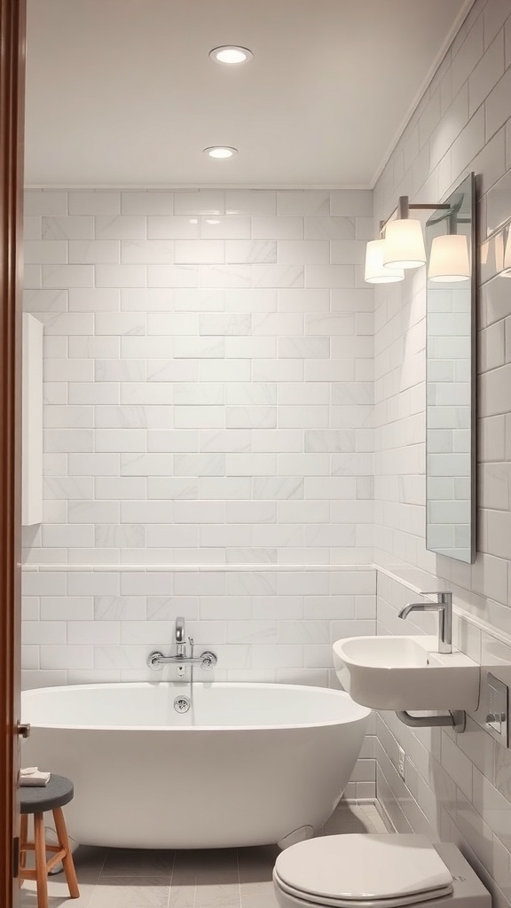 A modern bathroom with bright lighting fixtures, featuring a bathtub, sink, and tiled walls.