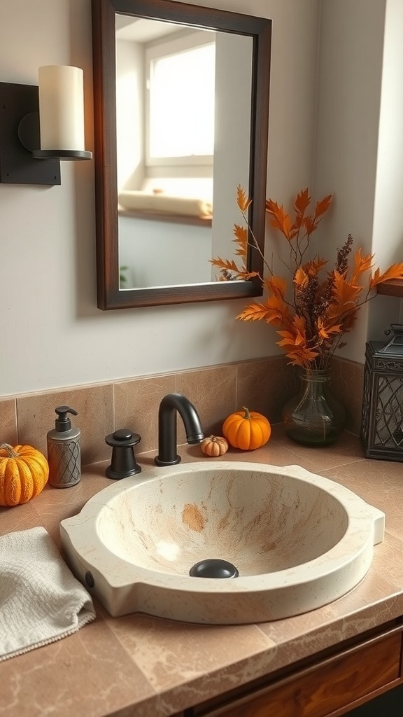 A bathroom with a stone sink, autumn leaves, and small pumpkins for fall decor.