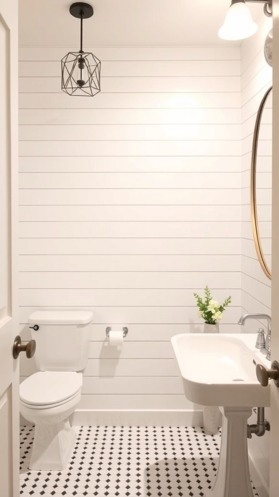 A stylish farmhouse bathroom featuring white shiplap walls, a modern light fixture, and elegant fixtures.
