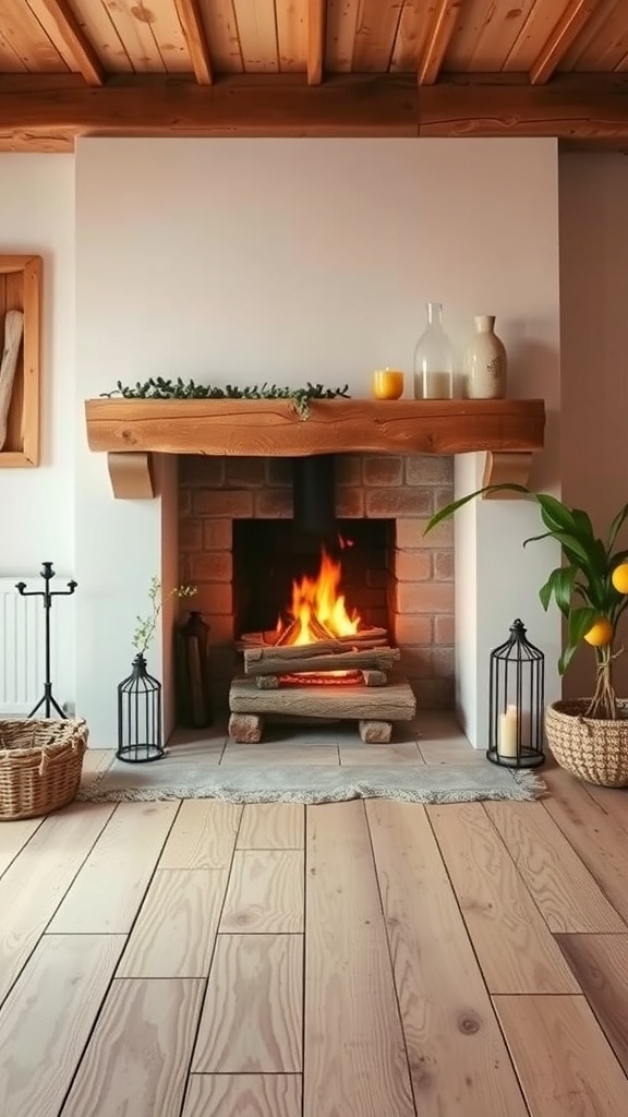 Cozy farmhouse living room with a fireplace featuring a wooden mantel, brick surround, and warm decor elements.