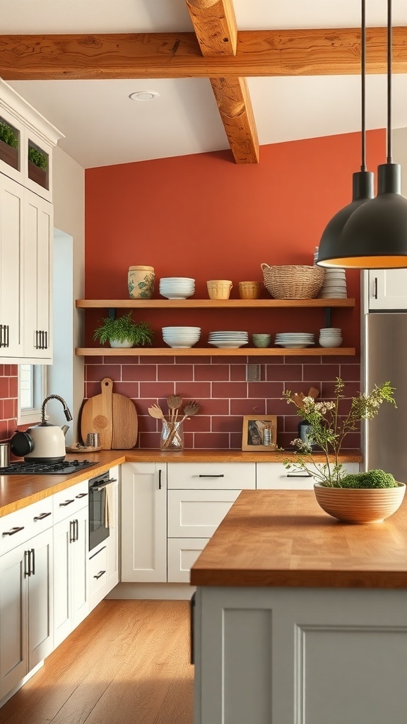 Modern farmhouse kitchen with terracotta accent wall and white cabinets
