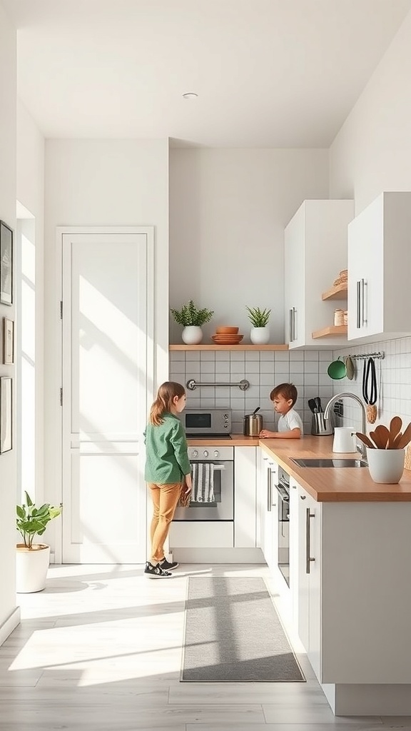 A bright, modern small kitchen with children interacting, showcasing smart storage solutions and a cozy aesthetic.