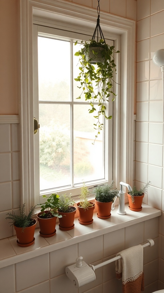 Indoor herb garden with various plants in terracotta pots on a bathroom windowsill.
