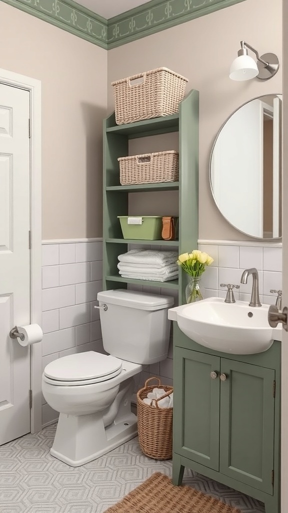 A bathroom with sage green storage solutions including a shelving unit and cabinet.