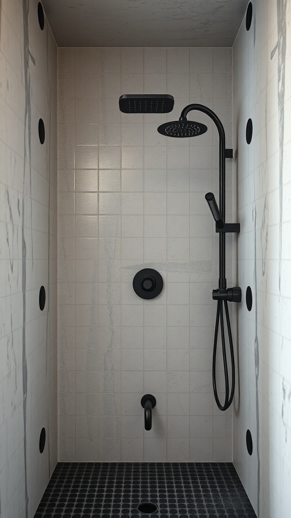 Industrial shower design featuring light tiles and black fixtures