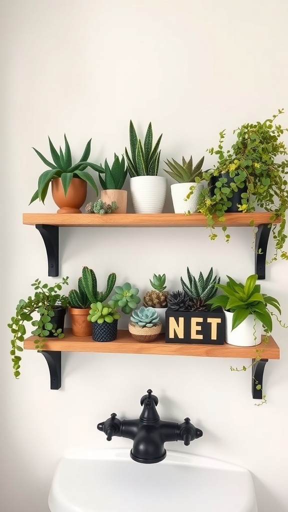 A bathroom shelf decorated with various plants, including succulents and trailing vines, alongside a playful sign.