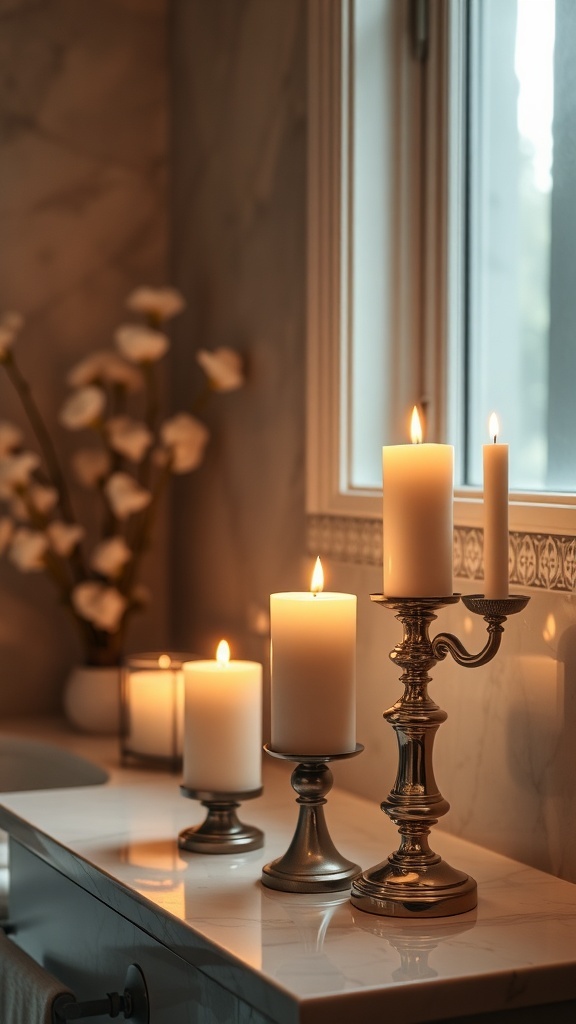A collection of elegant candle holders with lit candles on a marble bathroom countertop.
