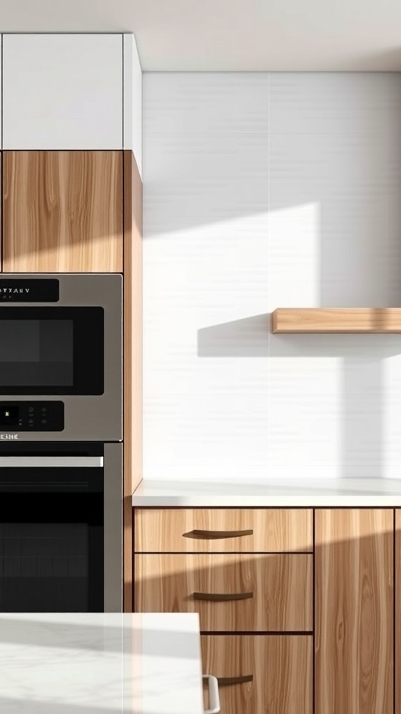 A modern kitchen featuring translucent acrylic panels as a backsplash, complemented by wood cabinets.