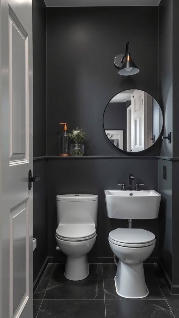 A modern bathroom with charcoal walls, white fixtures, and a round mirror.
