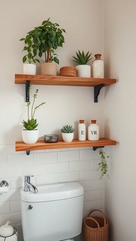 Rustic wood shelves with plants and decorative items in a bathroom