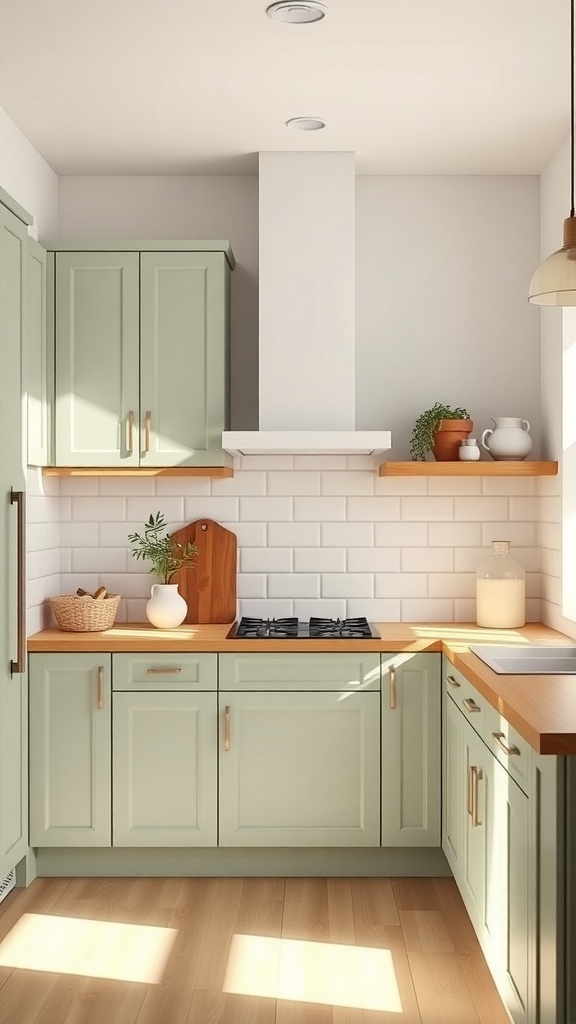 A modern kitchen featuring soft sage green cabinets with wooden countertops and white subway tile backsplash.