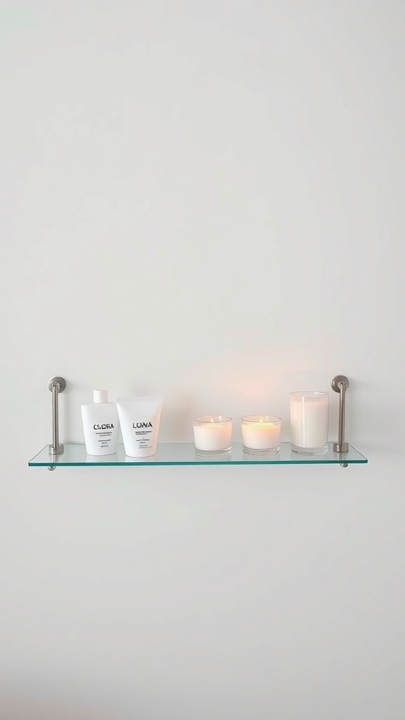 A minimalist glass shelf with spa essentials including lotions and candles.