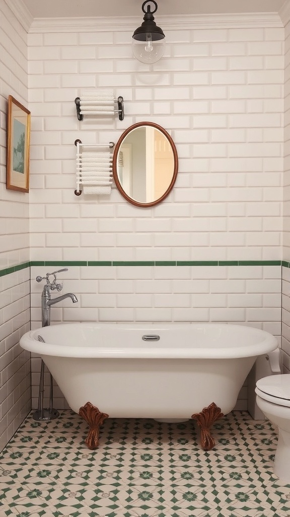 A vintage-style bathroom featuring a clawfoot tub, white subway tiles, green accents, and modern lighting.