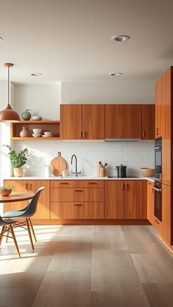 A sleek minimalist kitchen featuring warm wood cabinetry and a modern design.