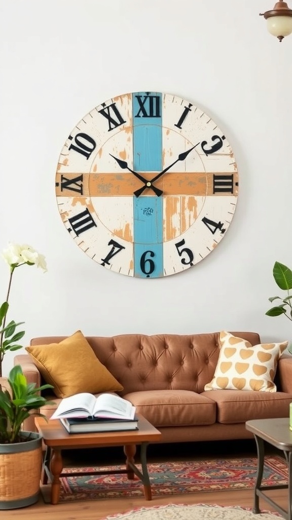A large, round painted wall clock with a rustic design, featuring blue and orange sections and bold black numbers, hanging above a cozy brown couch.