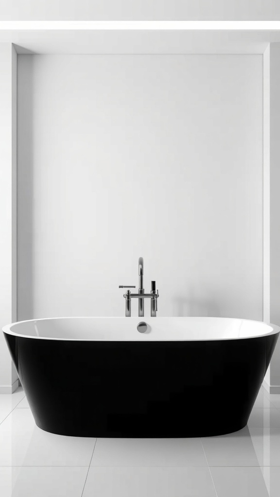 A modern black freestanding bathtub against a white wall in a minimalist bathroom