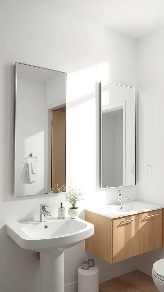 Modern bathroom with two mirrors, a sink, and wooden cabinets.