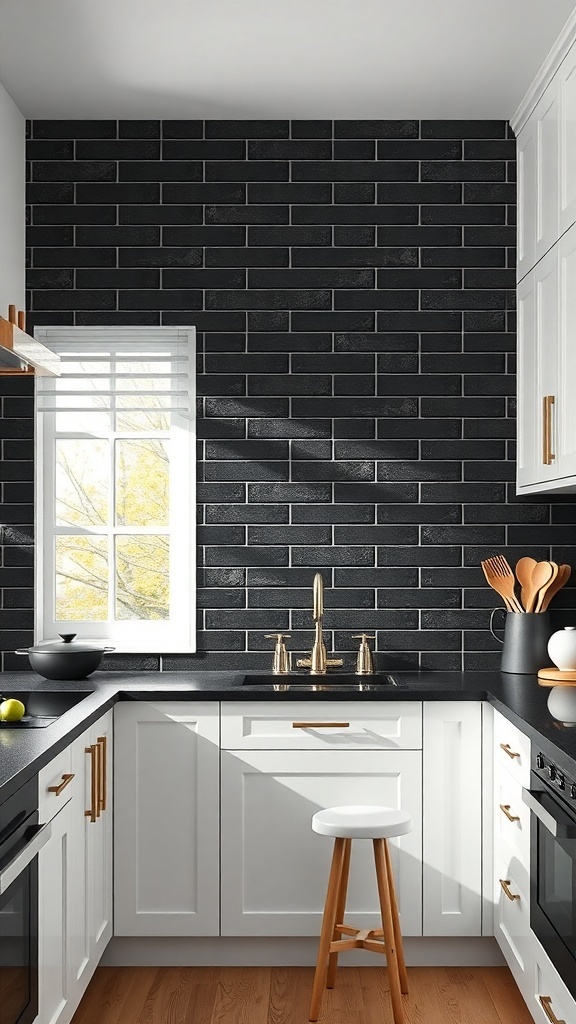 A modern kitchen featuring black cement tiles as a backsplash, white cabinets, and a black countertop.