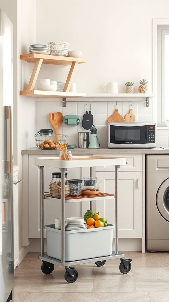 A modern small kitchen featuring a rolling cart with multiple shelves, bright natural light, and a minimalist design.