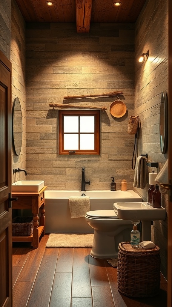 A cozy bathroom featuring rustic brown tones with wooden beams, a wooden vanity, and natural decor elements.