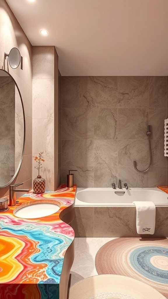 A vibrant artistic resin countertop in a modern bathroom with swirling colors.