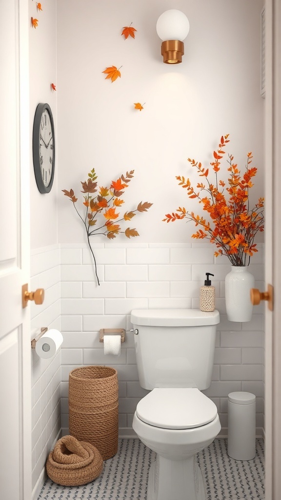 A cozy bathroom decorated for autumn with orange leaves and branches, a woven basket, and neutral tones.