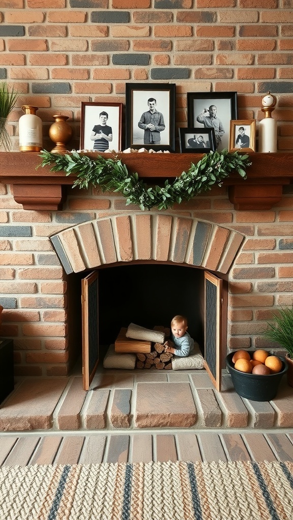 A cozy stone brick fireplace with family photos on the mantel, featuring a child sitting in front of the fireplace.