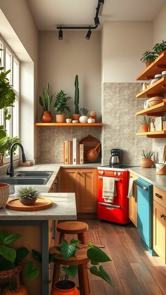 Cozy boho kitchen featuring a bright red stove, wooden shelves, and plants.
