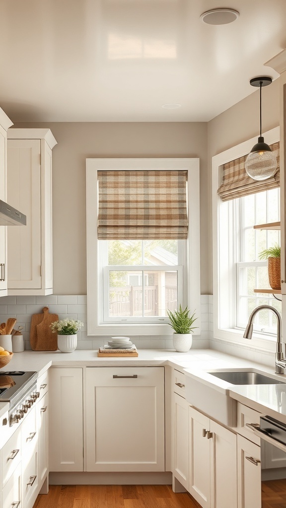 Modern farmhouse kitchen with plaid roller shades and plants on the windowsill.