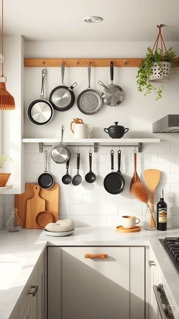 A stylish kitchen with wall-mounted storage, featuring hanging pots, pans, and decorative items.