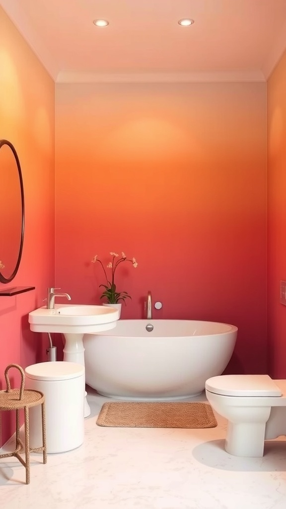 A bathroom with sunset ombre walls transitioning from peach to coral, featuring a modern bathtub, sink, and a small plant.