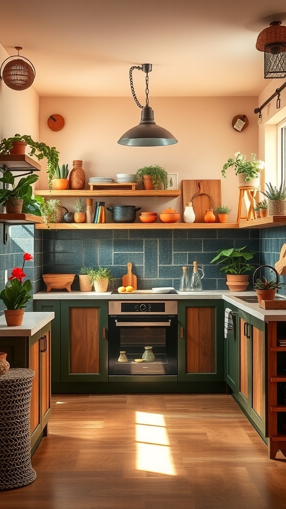 A cozy boho kitchen featuring green cabinets, wooden accents, and colorful decor.
