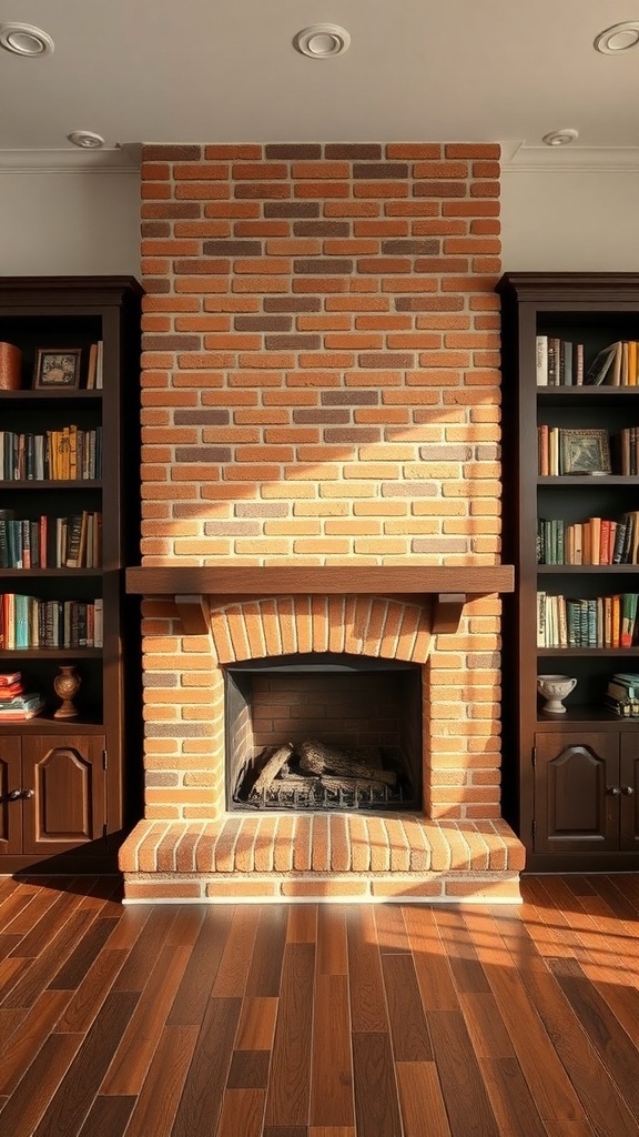 A brick fireplace with integrated dark wood bookshelves on either side, showcasing books and decorative items.
