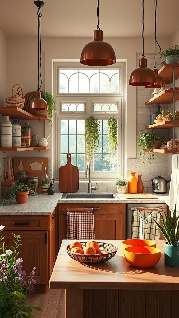 A cozy boho kitchen featuring wooden cabinets, colorful bowls, and hanging plants, showcasing a blend of earthy modern style.