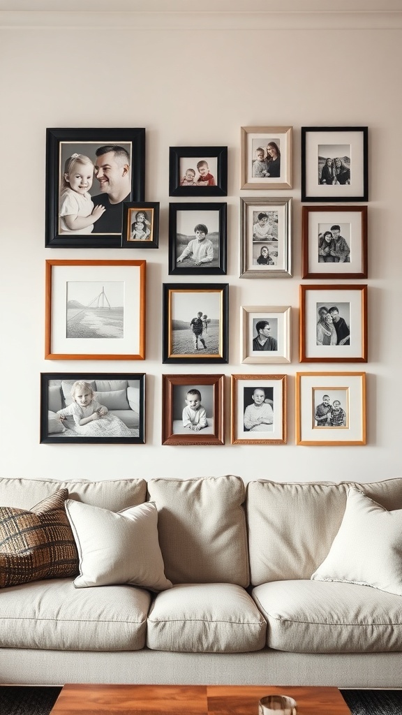 Gallery wall of family photos above a couch