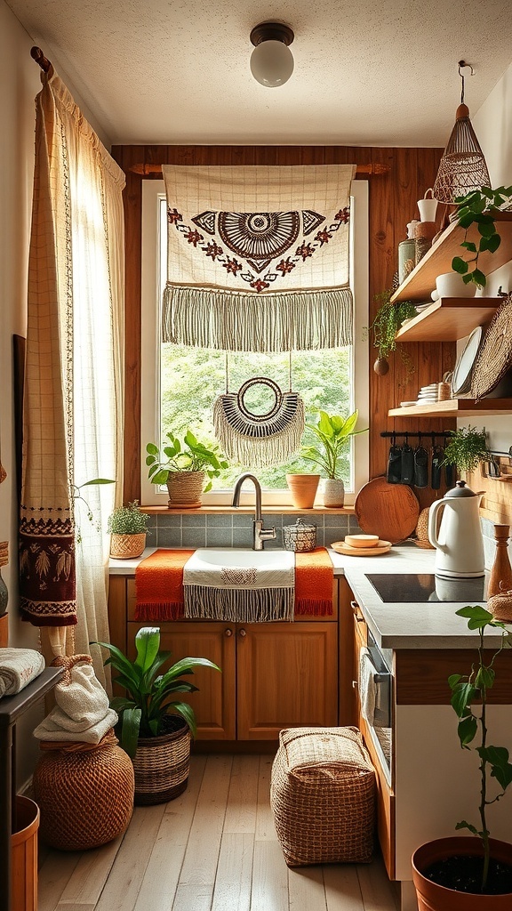 A cozy boho kitchen featuring woven textiles, wooden cabinets, and potted plants.