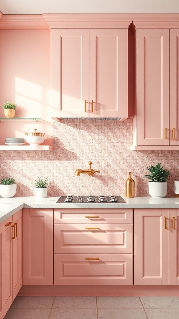 A cozy pink kitchen featuring pink mosaic tiles and pink cabinets, creating a warm and inviting atmosphere.