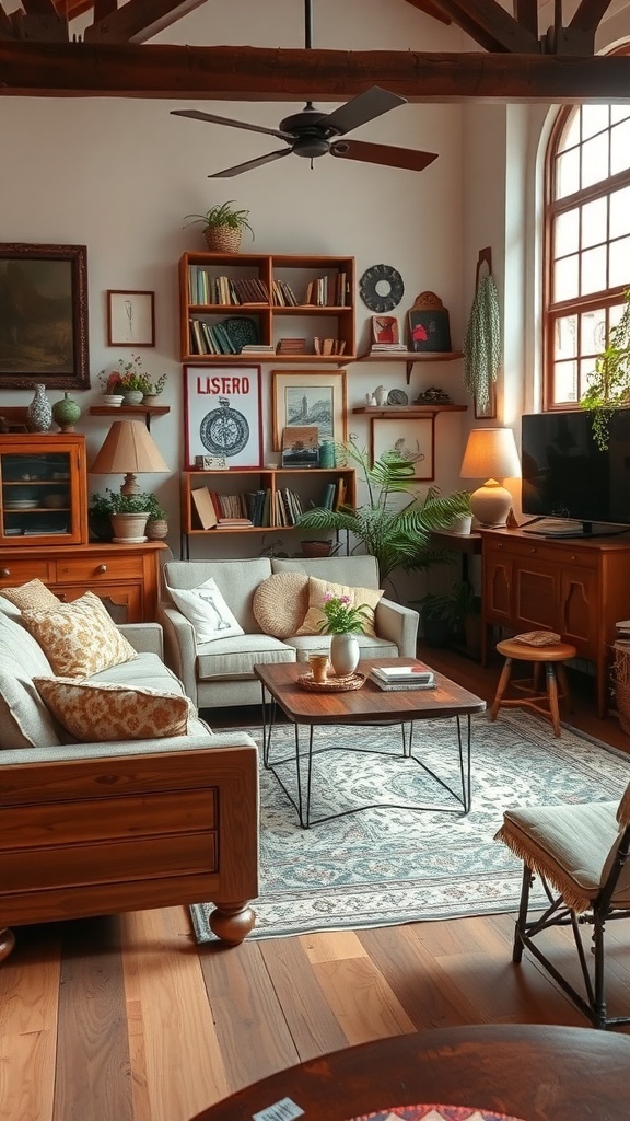 Cozy industrial farmhouse living room with reclaimed wood furniture accents