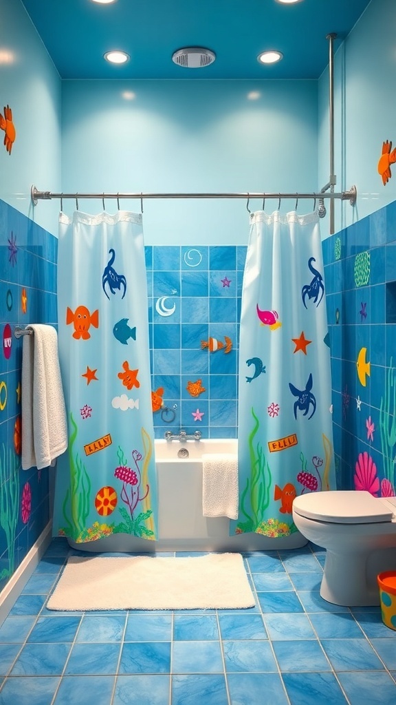 A colorful kids bathroom with under the sea theme, featuring blue walls, playful shower curtains, and ocean-themed decorations.