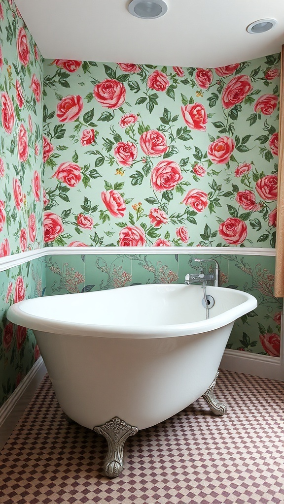 A bathroom featuring floral wallpaper with pink roses on a green background, a white clawfoot tub, and a checkered floor.