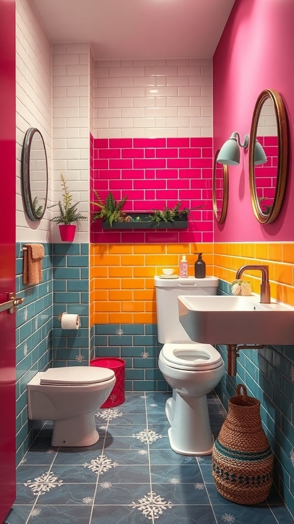 A colorful bathroom featuring pink, blue, and orange tiles with mirrors and plants.