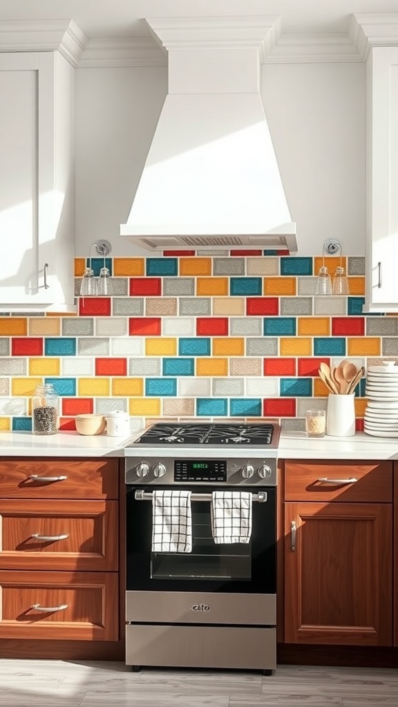 Color-blocked tile backsplash in a kitchen with wood cabinets