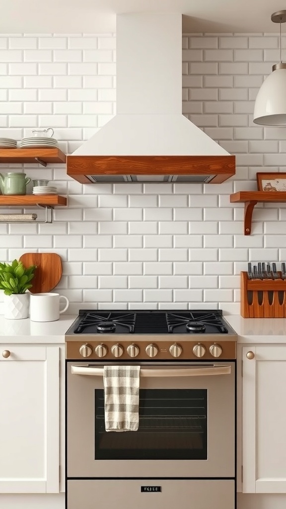 A kitchen featuring a classic subway tile backsplash with a stove and wooden shelves.
