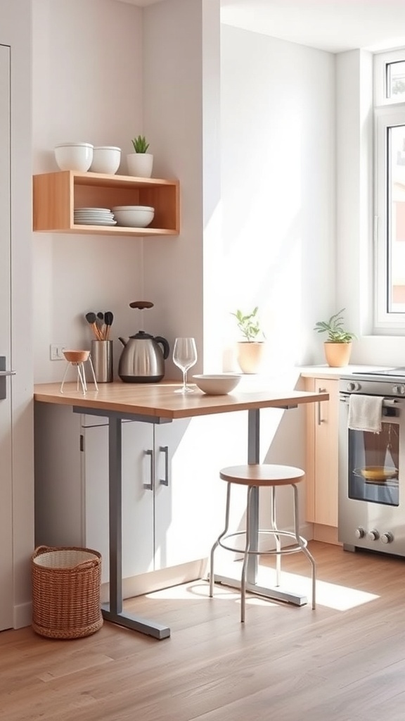 A small kitchen featuring a fold-down table, bright natural light, and modern minimalist design.